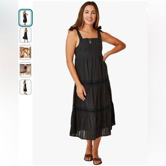 ❤️ Carve Design 100% Organic Cotton Black Tier Tie Shoulder Prairie Kiera Dress - Picture 1 of 10
